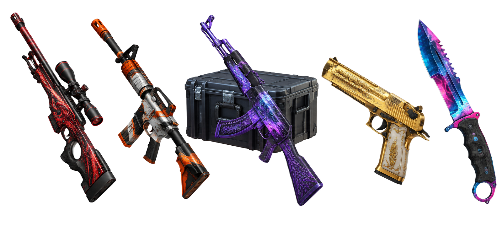 A collection of colorful Counter-Strike-inspired skins and a weapon case